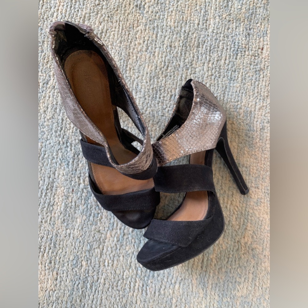 Black velvet and chrome metallic snake skin heels